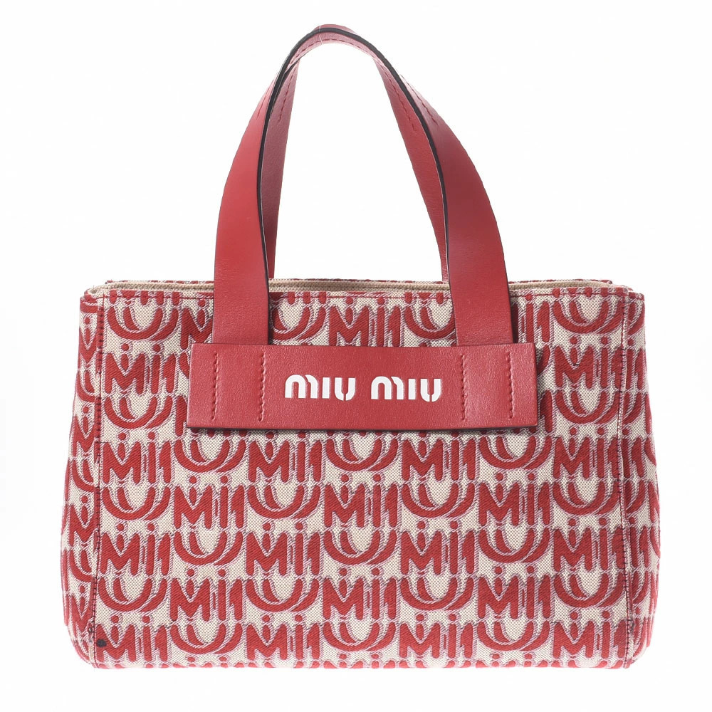 Miu Miu Logo Motif 2WAY Tote red beige jacquard canvas logo leather